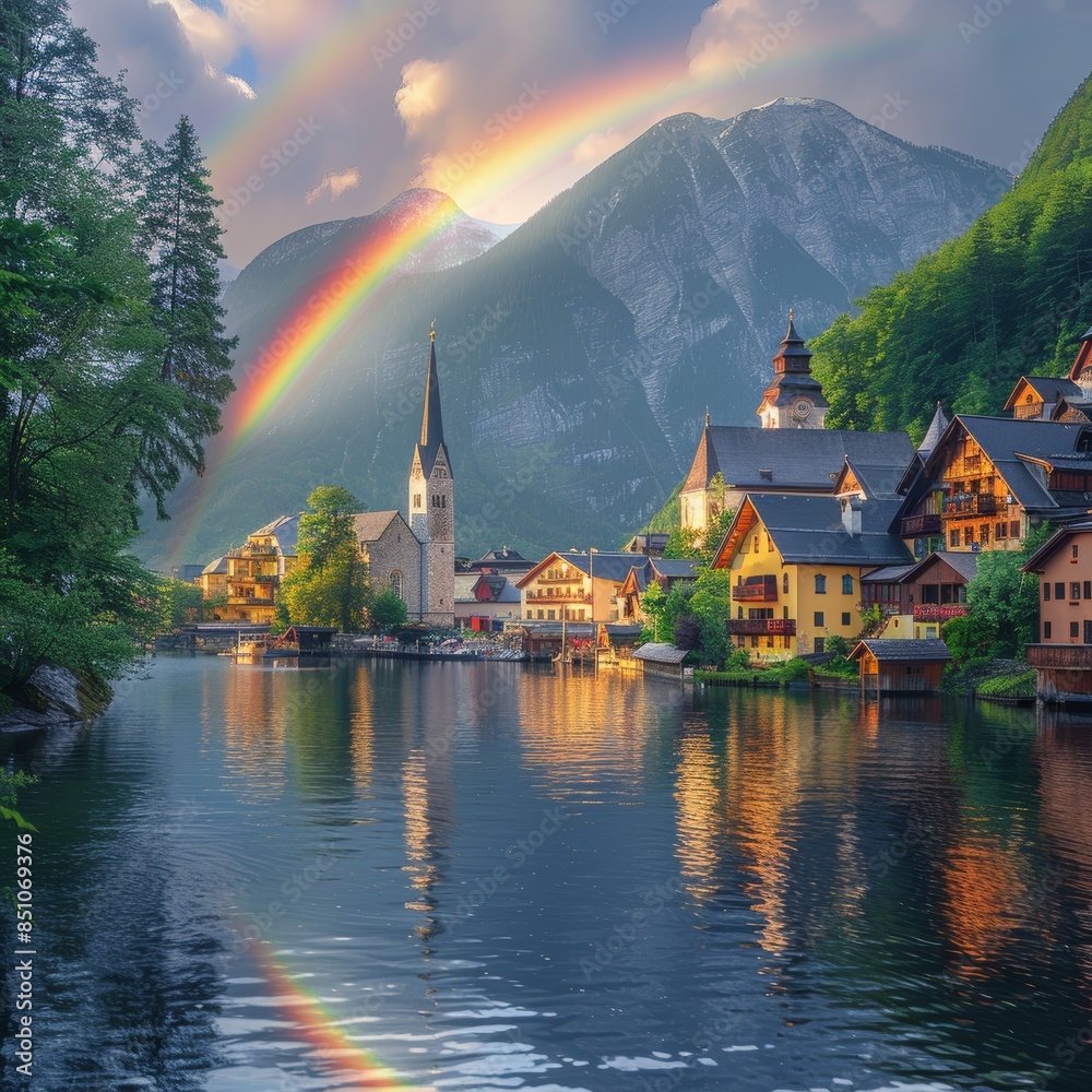 Scenic View of Hallstatt Village with Stunning Rainbow and Mountain Reflections