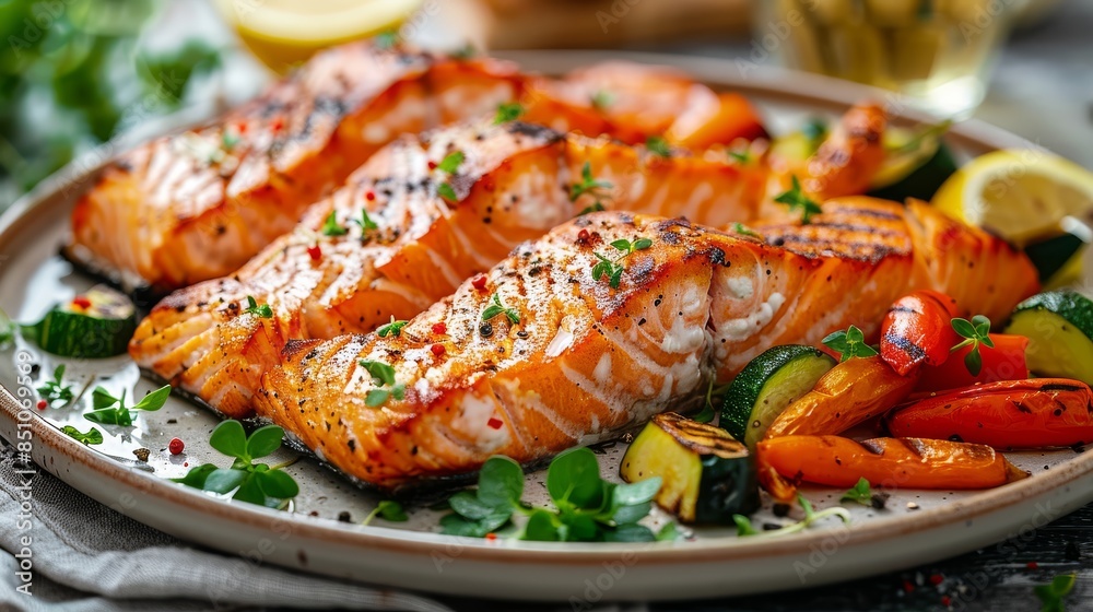 Delicious Oven-Baked Salmon Fillets Spiced with Herbs and Served with Roasted Vegetables including Carrots and Zucchini on a Rustic Plate Delicious Oven-Baked Salmon Fillets Spiced with Herbs and Served with Roasted Vegetables including Carrots and Zucchini on a Rustic Plate