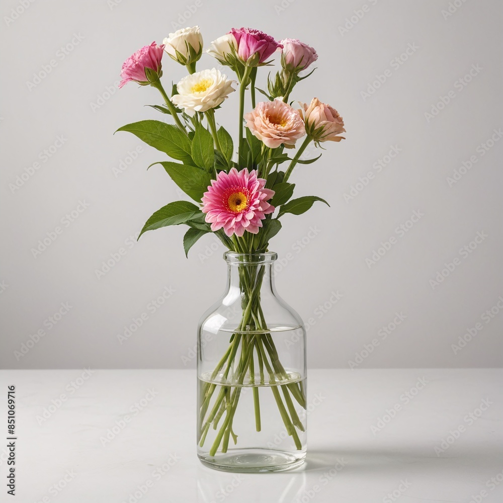custom made wallpaper toronto digitalClear Glass Bottle with Colorful Flower Bouquet on White Background