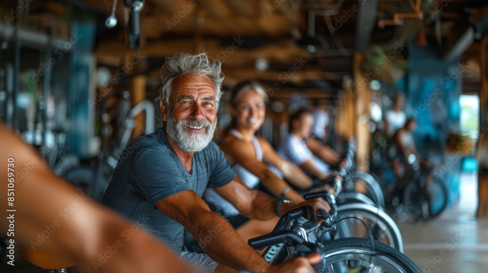 Smiling Senior Man Riding a Stationary Bike in a Fitness Class at the Gym Smiling Senior Man Riding a Stationary Bike in a Fitness Class at the Gym