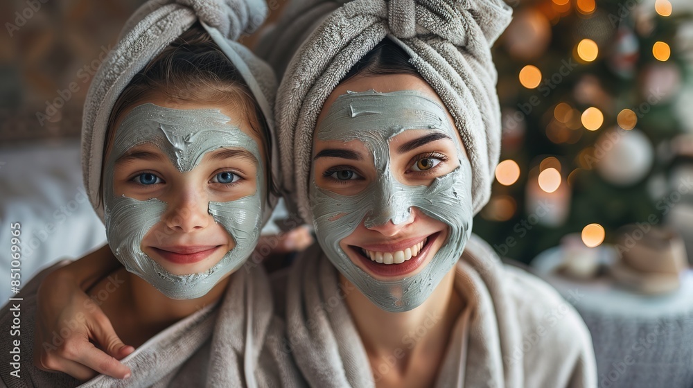 Mom and her daughter having fun together, making clay facial mask and wearing bathrobes, photo Mom and her daughter having fun together, making clay facial mask and wearing bathrobes, photo