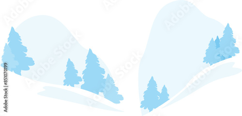 Snowy winter landscape, pine trees covered snowfall, abstract minimalist, vector illustration, isolated white background. Frosty nature scene, silhouette fir trees, light blue color, holiday