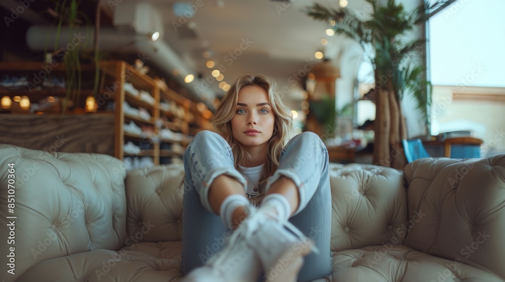 Relaxed Young Woman Sitting Comfortably on Couch in Modern Living Space Relaxed Young Woman Sitting Comfortably on Couch in Modern Living Space
