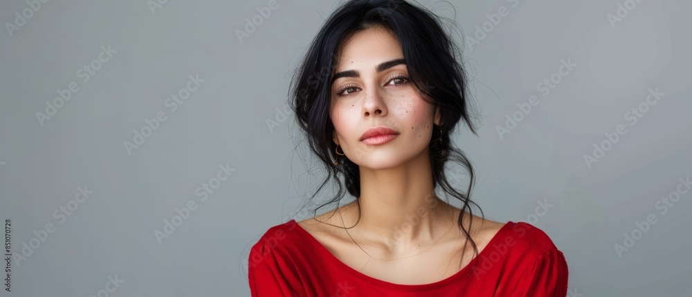 Elegant Indian Woman in Red Dress with Natural Makeup and Confident Expression - Studio Portrait Elegant Indian Woman in Red Dress with Natural Makeup and Confident Expression - Studio Portrait