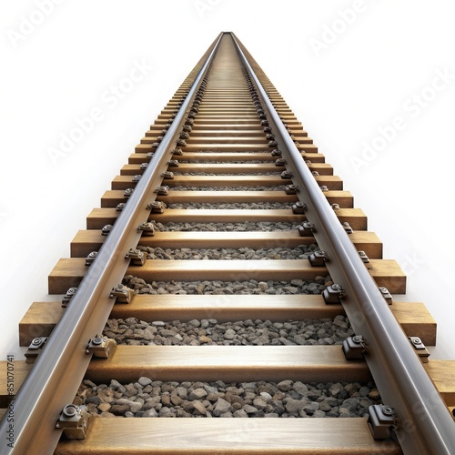 Straight Railway Tracks Against White Background. Generative AI © Irina