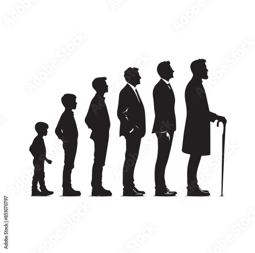 Human in different ages. Silhouette profile of male and female person growth stages, people generations from baby to old vector illustration set. Man and woman characters in aging process