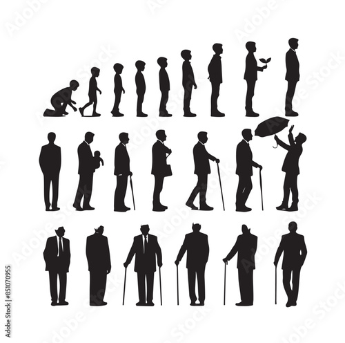 Human in different ages. Silhouette profile of male and female person growth stages, people generations from baby to old vector illustration set. Man and woman characters in aging process
