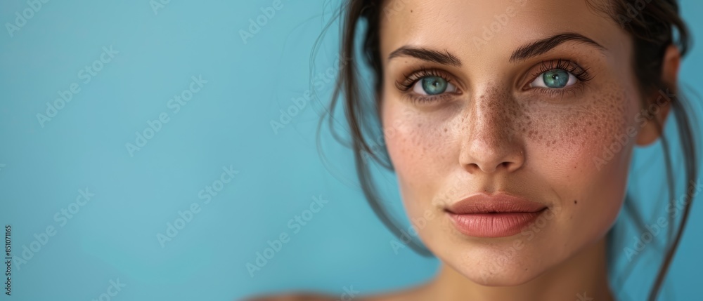 Naklejka premium Smiling Woman with Freckles and Blue Eyes, Turquoise Background, Copy Space