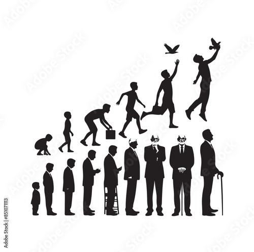 Human in different ages. Silhouette profile of male and female person growth stages, people generations from baby to old vector illustration set. Man and woman characters in aging process