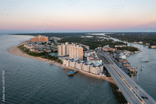 Aerial View of The Chesapeake Bay Condos and the Beach in Virginia Beach at Sunset