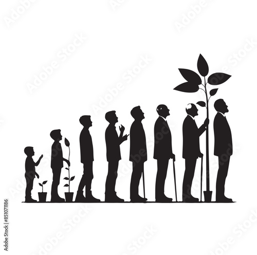 Human in different ages. Silhouette profile of male and female person growth stages, people generations from baby to old vector illustration set. Man and woman characters in aging process