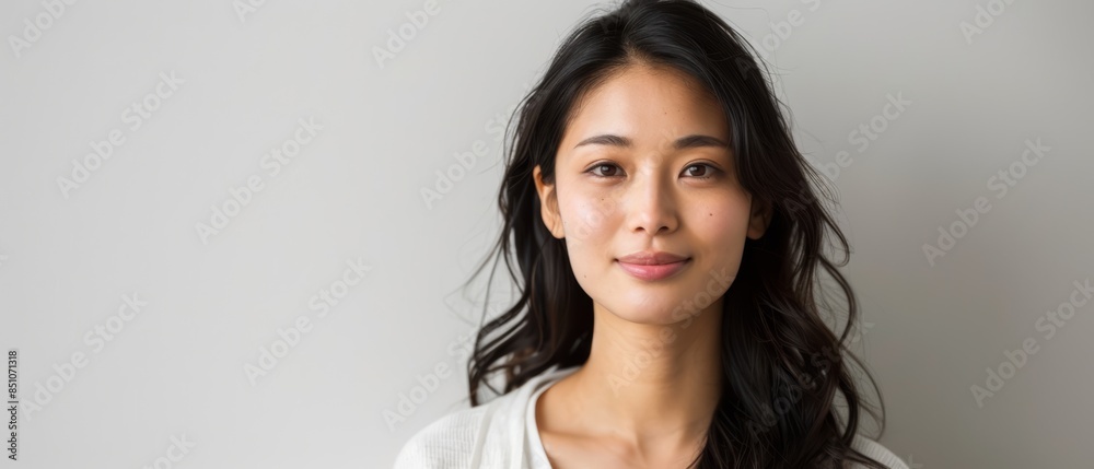 Confident Japanese Woman with Natural Beauty and Long Hair Against White Background Confident Japanese Woman with Natural Beauty and Long Hair Against White Background