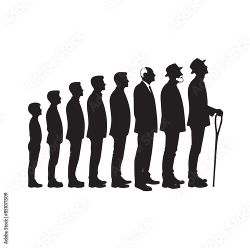Human in different ages. Silhouette profile of male and female person growth stages, people generations from baby to old vector illustration set. Man and woman characters in aging process