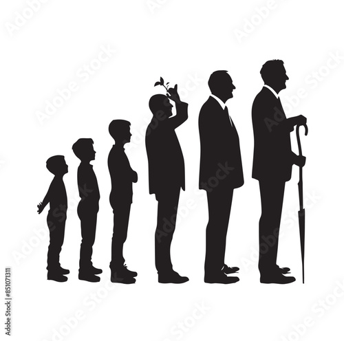Human in different ages. Silhouette profile of male and female person growth stages, people generations from baby to old vector illustration set. Man and woman characters in aging process