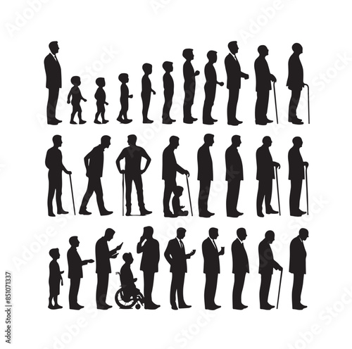 Human in different ages. Silhouette profile of male and female person growth stages, people generations from baby to old vector illustration set. Man and woman characters in aging process
