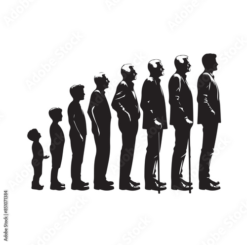 Human in different ages. Silhouette profile of male and female person growth stages, people generations from baby to old vector illustration set. Man and woman characters in aging process