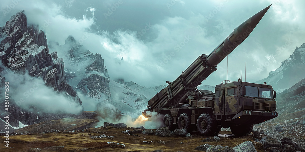 Fototapeta premium A military vehicle is positioned in a mountainous area and is preparing for a potential launch, with a large missile pointed at the sky. The scene takes place amidst a cloudy and foggy landscape