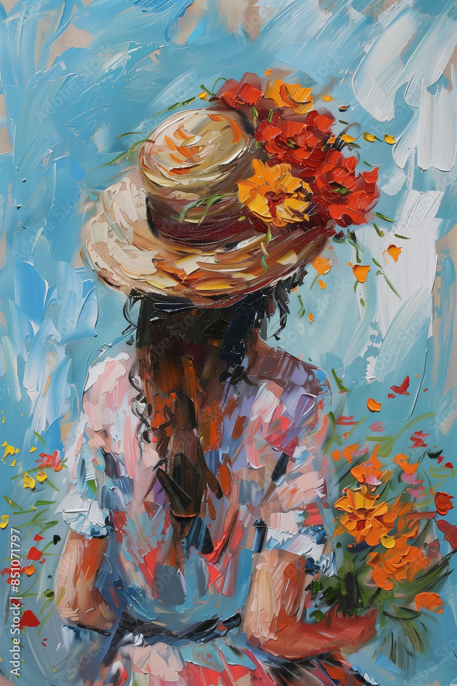 Fototapeta premium A textured oil painting of a woman seen from behind, adorned with a vibrant floral bouquet and sun hat