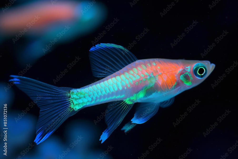 A stunning neon fish glowing with orange, green, and blue hues, swimming in a dark aquarium A stunning neon fish glowing with orange, green, and blue hues, swimming in a dark aquarium