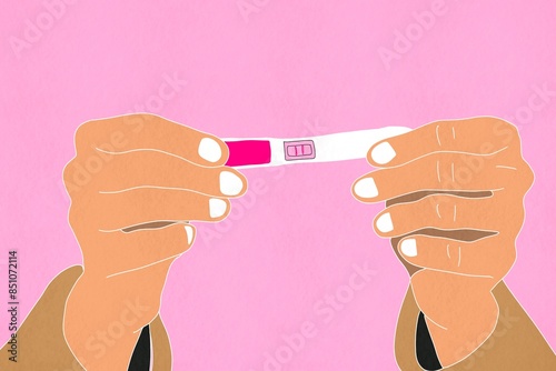 Illustration of hands holding a positive pregnancy test
