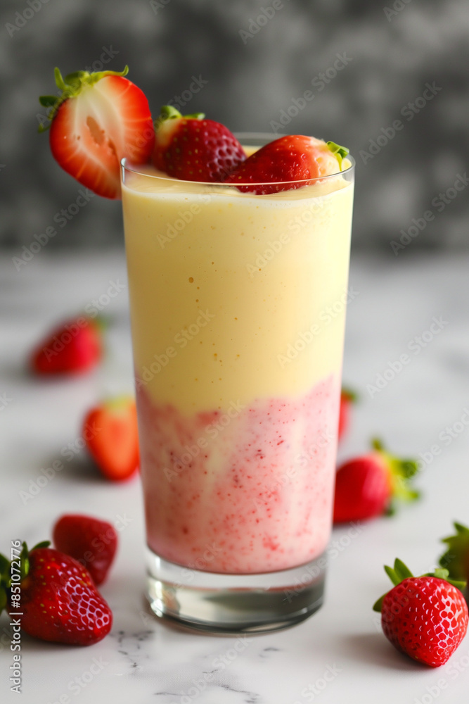 A delicious strawberry smoothie in a tall glass, topped with fresh strawberries, set against a marble background A delicious strawberry smoothie in a tall glass, topped with fresh strawberries, set against a marble background