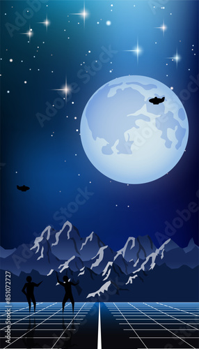Smartphone vector wallpaper. Night sky and mountains vector background