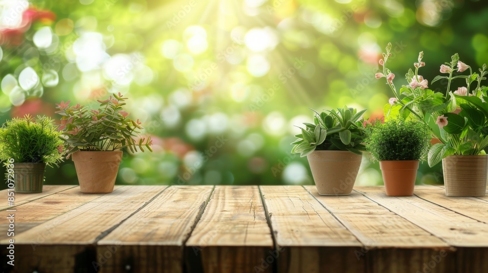 A row of potted plants sit on a wooden table, set against a blurred background of green foliage and sunlight.