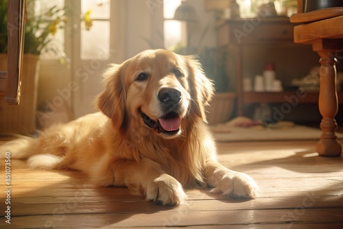 Happy Golden Retriever Relaxing Indoors with Warm Sunlight Streaming Through Window