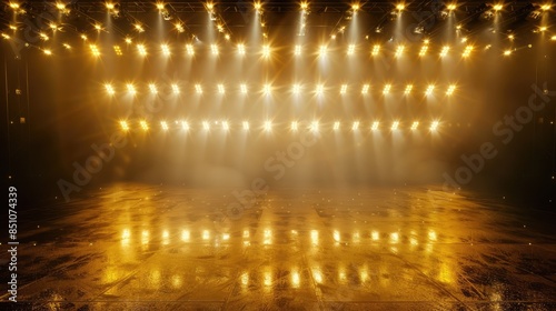 Dark stage floor illuminated by yellow and white lights, perfect for background design