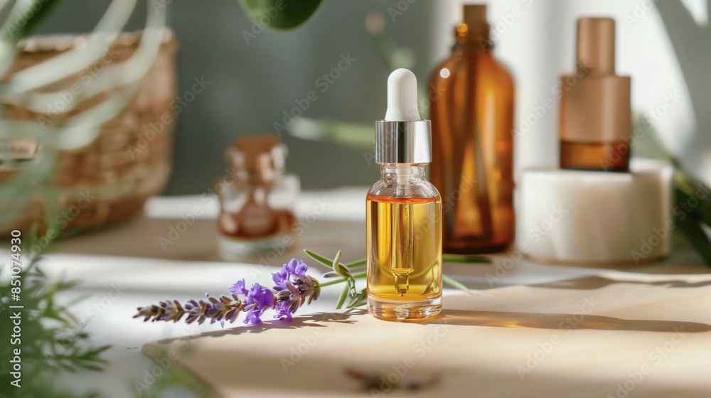 Natural oil bottle with lavender sprig in bright sunlight setting