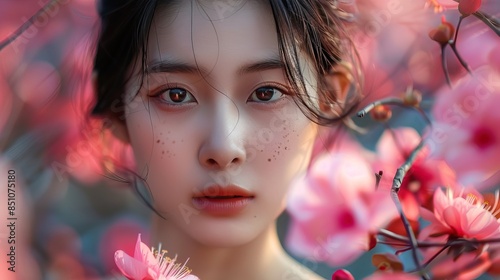 Korean woman flower, beautiful face, photo
