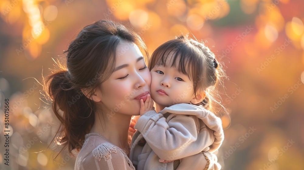 Korean woman kiss her children, beautiful face, photo Korean woman kiss her children, beautiful face, photo