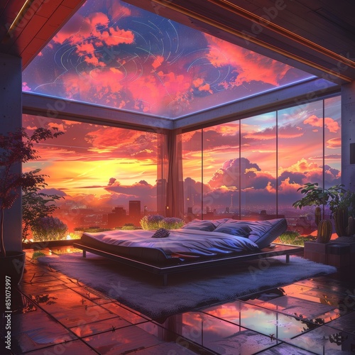 Modern Bedroom With Sunset View Through Large Windows