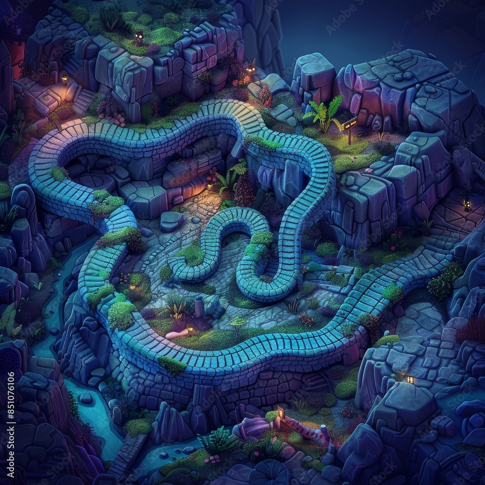 Obraz premium Illuminated winding pathway through rocky terrain at dusk in a mystical landscape with vibrant colors