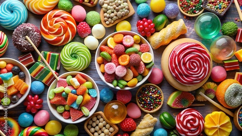 lots of sweets, candies and lollipops photo