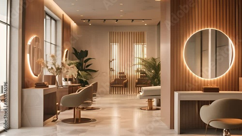 Modern beauty salon interior with mirrors and plants