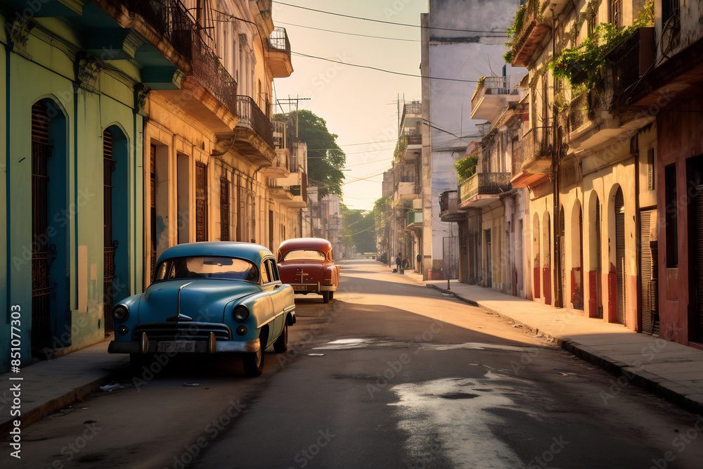 Classic cars parked on a narrow street in havana, cuba during golden hour Classic cars parked on a narrow street in havana, cuba during golden hour