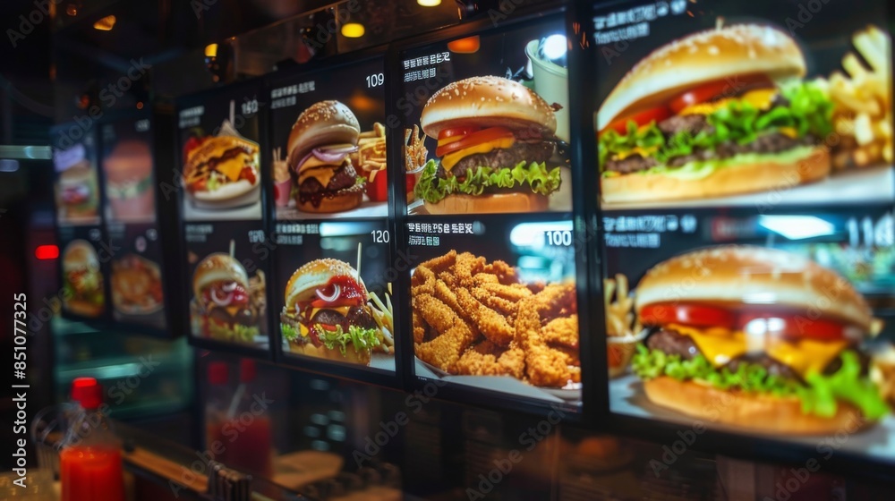 A close-up of several digital menu displays in a fast food restaurant. The screens showcase various burger options, with prices listed in Chinese characters. A close-up of several digital menu displays in a fast food restaurant. The screens showcase various burger options, with prices listed in Chinese characters.