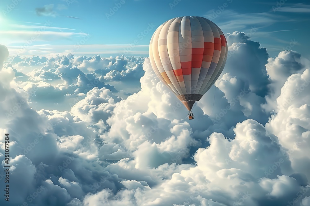 Image of the hot air balloon gracefully flying over fluffy clouds. Delicate pastel tones. Image of the hot air balloon gracefully flying over fluffy clouds. Delicate pastel tones.