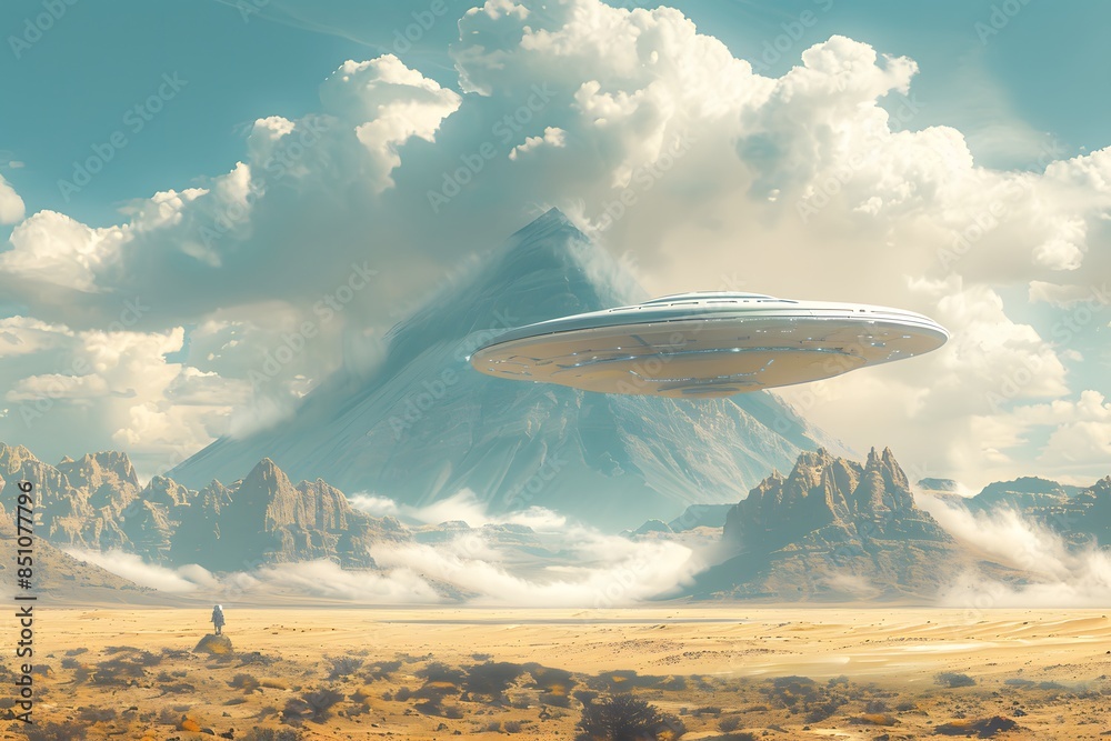 A flying saucer lands on the desert, surrounded by clouds and mountains. Fairy-tale world, fantasy style.