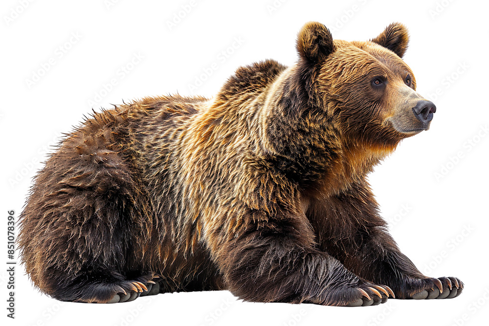 Fototapeta premium View from side of brown bear isolated on white background, transparent background