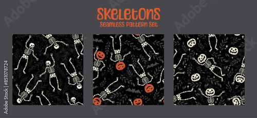 Three seamless vector patterns showcasing skeletons in various poses, accompanied by pumpkins, bats, and foliage, creating a spooky and fun Halloween-themed design in black, white, and orange.