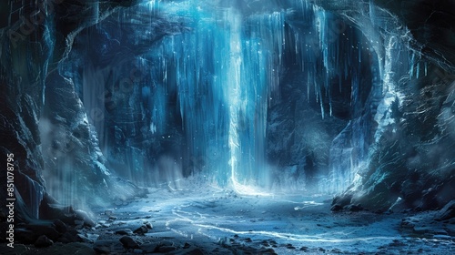 Fantasy image of icy abstract caverns deep underground, with light emanating from a frozen cavern, evoking cryotherapy and icy temperatures