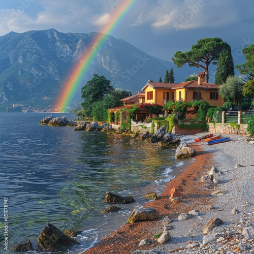 Scenic View of Punta San Vigilio on Garda Lake with Rainbow and Mountains photo