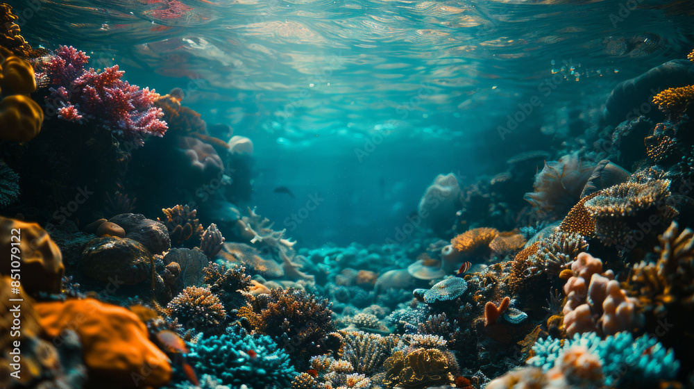 Obraz premium Underwater View of Colorful Coral Reef Celebrating World Ocean Day