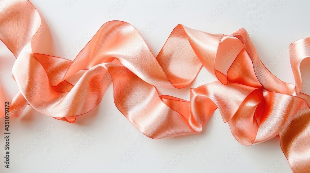 Shimmering coral silk ribbon on white background Festive theme Flat lay 2019 color trend Shimmering coral silk ribbon on white background Festive theme Flat lay 2019 color trend