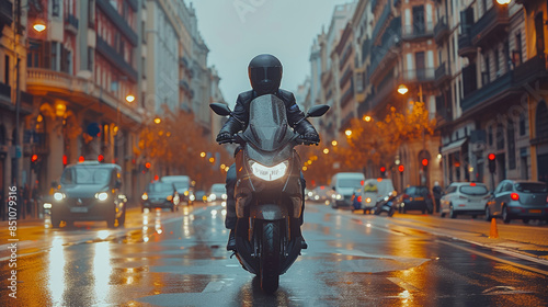 Fat Motorcyclist Wearing Helmet Stopped on Wet City Street During Evening Traffic
