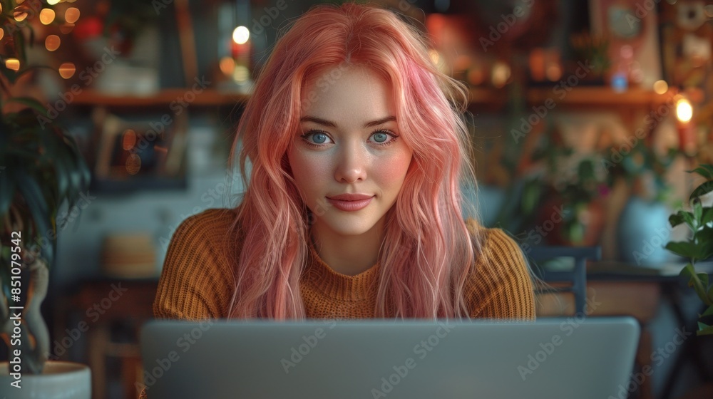 Woman with Pink Hair Enjoying Coffee at Cozy Cafe While Working on Laptop Woman with Pink Hair Enjoying Coffee at Cozy Cafe While Working on Laptop