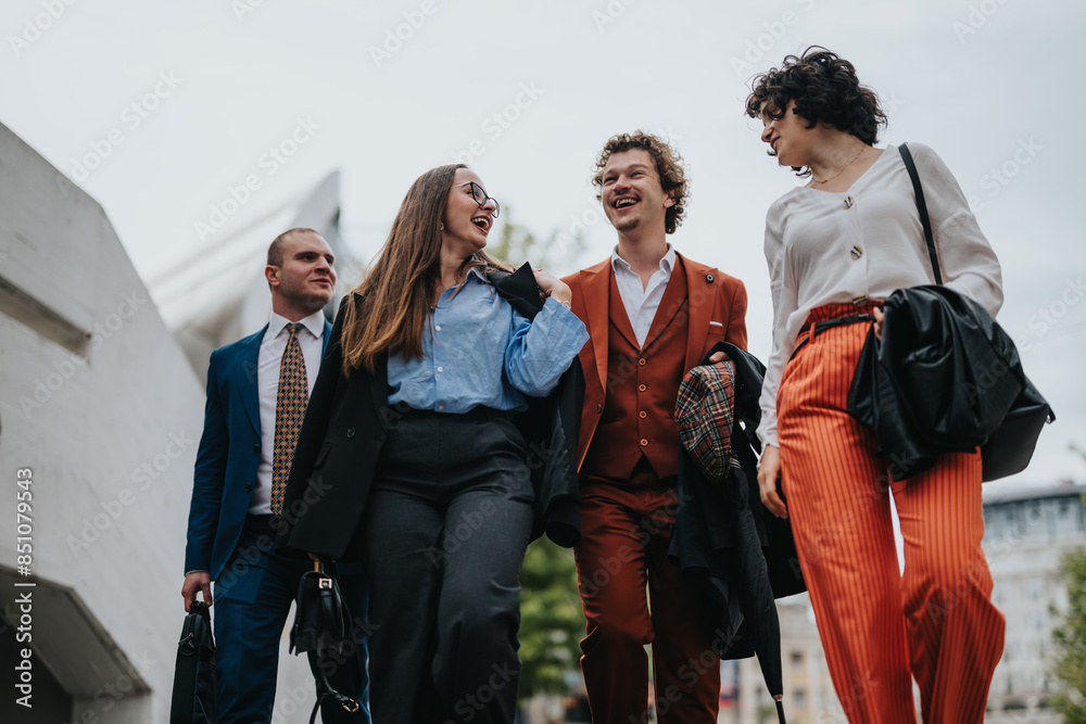 © qunica.com - Group of business professionals walking together outdoors in a city setting. The colleagues appear confident and engaged, representing teamwork and corporate culture in a modern business environment.