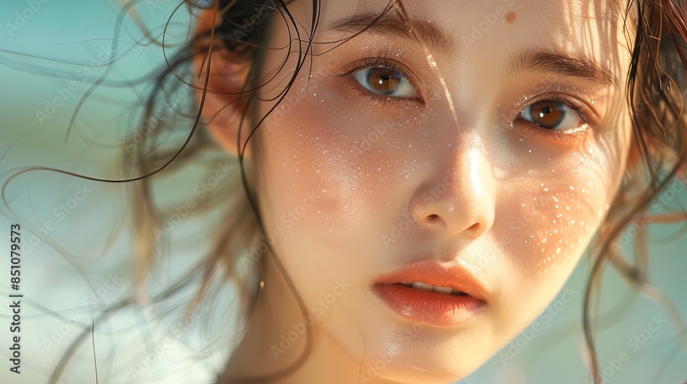 Close-up of a cute korean girl with glowing skin, photo Close-up of a cute korean girl with glowing skin, photo